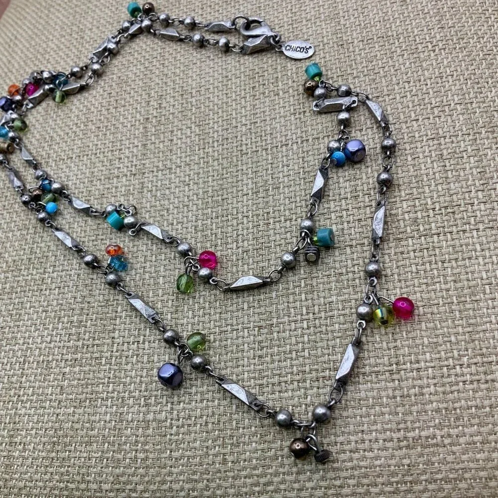 Chico's Silver Tone Multi Colored Beaded Chain Necklace
